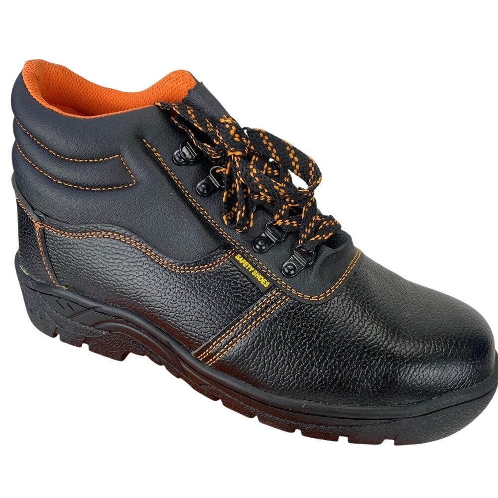 Safety Steel Toe Mens Work Boots Black Orange Padded Collar Anti Slip NIB Sz 44